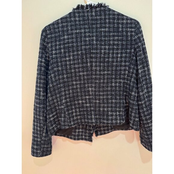 Hugo Boss Womens Tweed Blazer Jacket Black & White Fringe Trim Button Closure - Picture 7 of 9